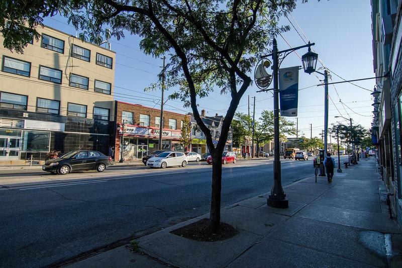 Lake Shore Boulevard West near 8th Street in New Toronto, Etobicoke, with low-rise shops, street lamps and trees